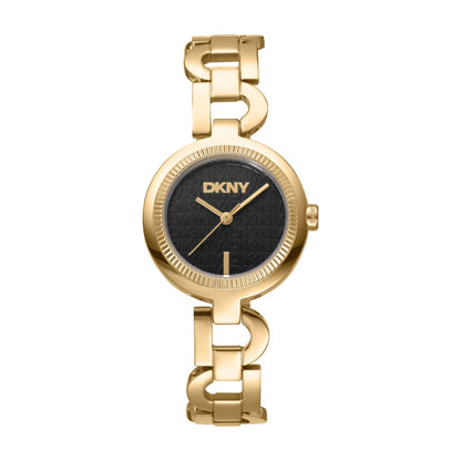 Gold watch with black dial featuring DKNY logo on a white background
